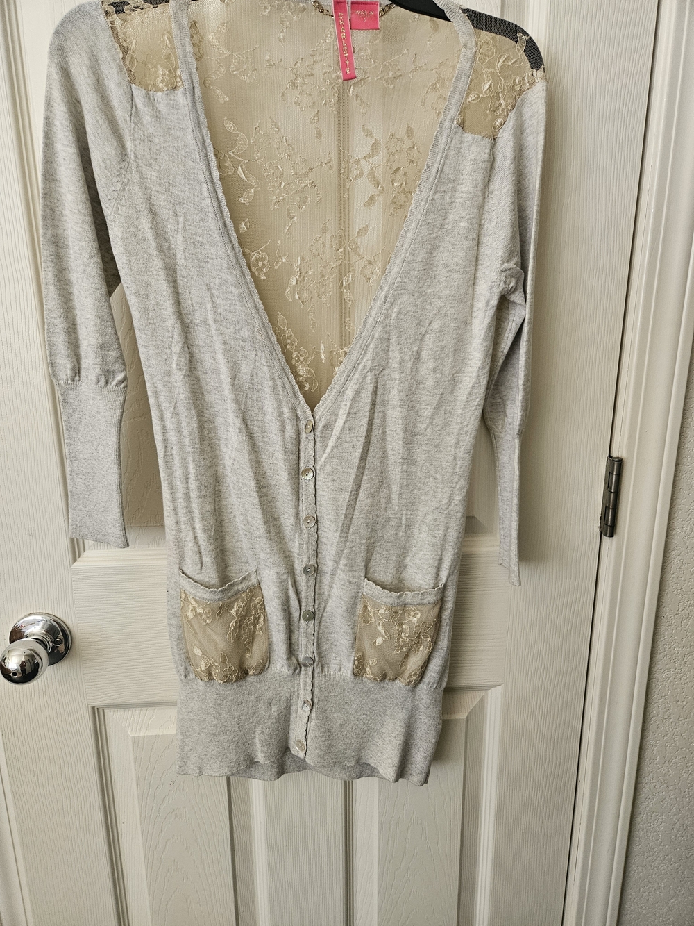 Charlotte Tarantola Light Gray Cardigan with Beige Lace Insets